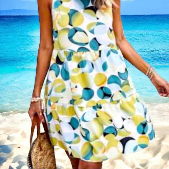 NWOT SHEIN Allover Geometric Print White/Green Sleeveless Smock Dress, L& XL - Picture 8 of 16